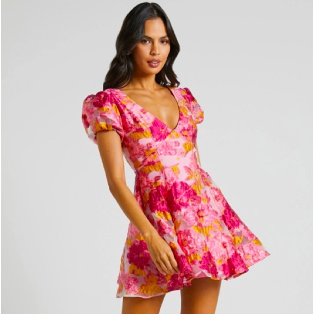 Showpo: BRAILEY JACQUARD PUFF SLEEVE MINI DRESS IN PINK